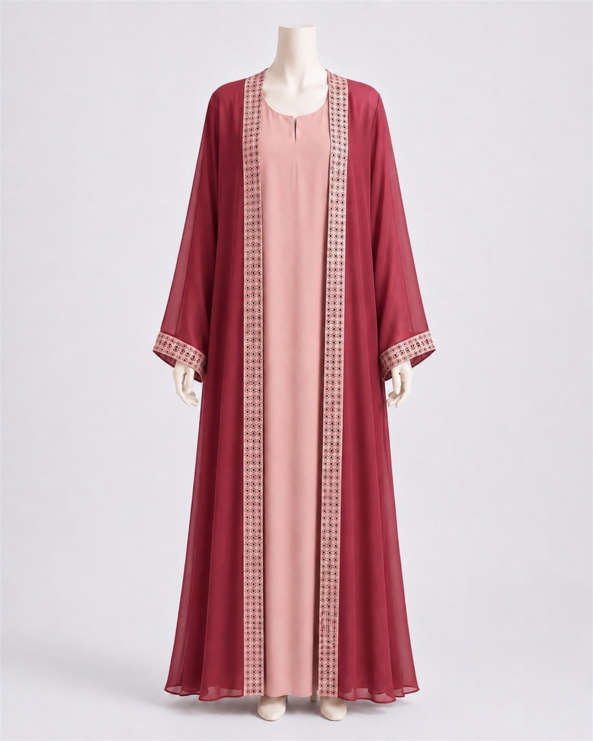 Rose Red Chiffon Abaya Set